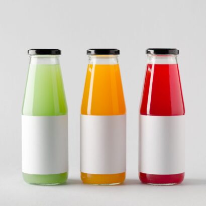 Eco-friendly water and juice packaging made from recyclable materials, showcasing vibrant designs and various closure options.